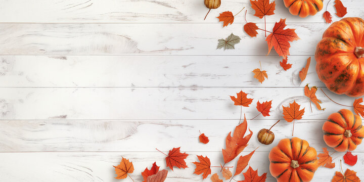 Festliche Halloween Herbstdekoration K&uuml;rbisse Bl&auml;tter wei&szlig; Holz Hintergrund Motiv