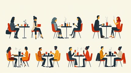 Cafe visitors people. Persons sitting restaurant tables, business lunchtime, waiters take orders. Men and women eating and drinking on meeting, vector cartoon flat isolated set