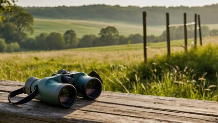 Green binoculars on a wooden bench overlook a serene countryside field, ideal for wildlife observation, relaxation, and outdoor adventures.