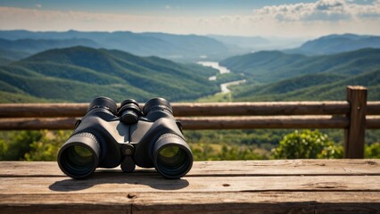 Binoculars resting on a wooden deck overlooking a scenic mountain vista, perfect for nature lovers, hiking, travel, and outdoor exploration.