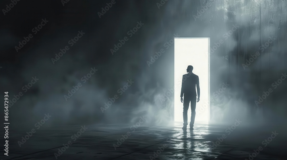 Wall mural dramatic image of a man emerging from darkness opening a door to reveal a flood of light the contras - Wall murals