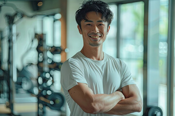 a man with his arms crossed standing in gym