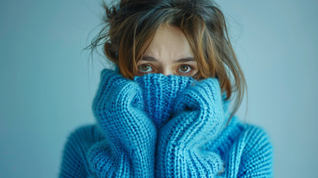 Woman wearing blue turtleneck knitted sweater sadly look at camera while covering sad face. Feelings of depression, sadness, loneliness, social phobia