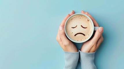 Woman's hands holding coffee cup with sad face drawn on coffee on blue background with copy space. Emotions, blue monday, hard morning, difficult day concept