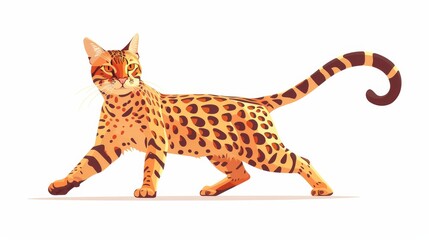 Obraz premium Illustration of a beautifully patterned, walking Bengal cat with a white background. Ideal for pet, animal, and art-related projects.