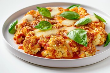 Fototapeta premium Baked Cauliflower Parmesan with Fresh Basil Leaves