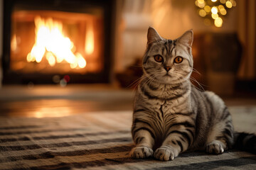 American Shorthair cat is sitting in front of the fireplace