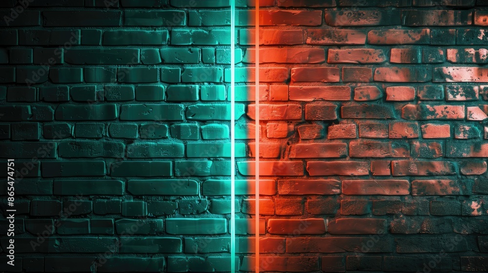 Poster Modern two-color neon lights green and orange With a dark brick wall background. Can be used as your background