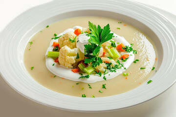 Cauliflower and Potato Soup with Sautéed Leeks and Fresh Tarragon Leaves
