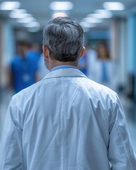 Fototapeta premium Doctor seen from behind, helping patients, caring interaction, blurred background, focus on the doctor, supportive and compassionate, medical assistance