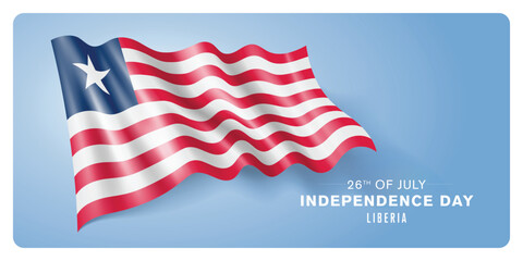 Liberia independence day vector banner, greeting card. Liberian wavy flag in 26th of July patriotic holiday horizontal design with realistic flag