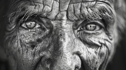 A closeup of a weathered face the eyes holding a lifetime of experience and emotion. Black and white art
