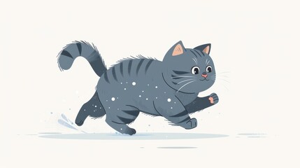 A playful, gray tabby cat runs joyfully through the snow, capturing the essence of a whimsical winter moment.