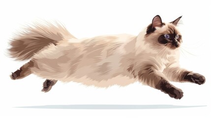 Fototapeta premium A beautiful Himalayan cat mid-leap with fluffy fur and striking blue eyes, against a clean white background in a dynamic action pose.
