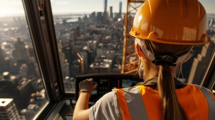 View from the cab of a construction tower crane, female crane operator at the controls, construction site bustling below, photorealistic, detailed machinery and city skyline in the background