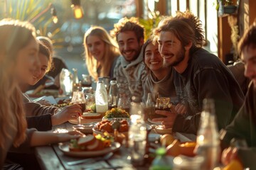 A group of people are sitting around a table with food and drinks, smiling