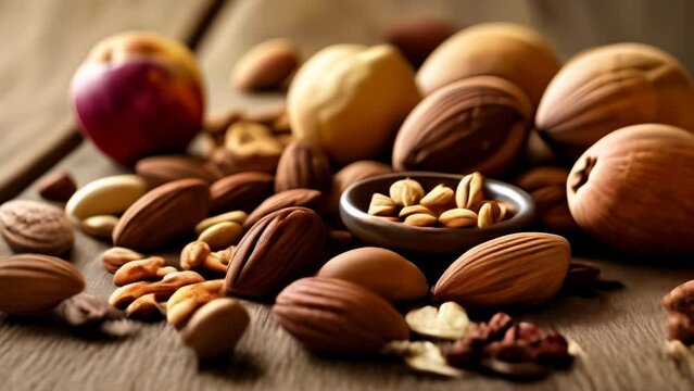  A bountiful assortment of almonds in a rustic setting