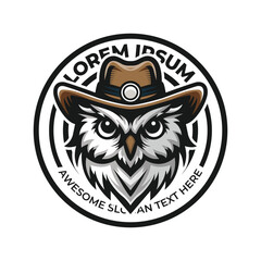 Owl mascot with hat logo illustration, owl head icon vector, classic emblem badge logo style