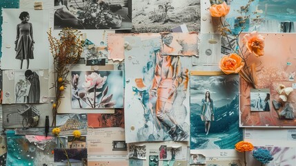 An artistic flat lay of a mood board, combining pastelhued fashion sketches, inspirational photos, and design elements, capturing the essence of creativity
