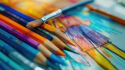Obraz premium Fashion sketches creative process in colored pastels close up, focus on, copy space Lively and bright colors Double exposure silhouette with sketchbooks