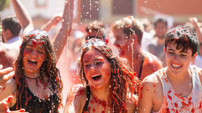 Youngsters enjoy the unique La Tomatina festival. Young people happily throw tomatoes. Traditional spirited celebration at Tomatina festival in Bunol, located in the Valencia region of Spain