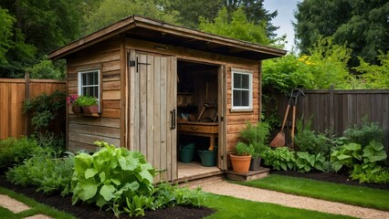 A charming garden shed surrounded by lush greenery and a well-maintained garden. Ideal for gardening, outdoor relaxation, and seasonal planting.