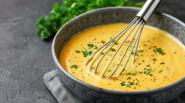 Emulsified sauce being whisked in a bowl, emulsion, culinary blending technique
