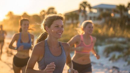  group of women engaged in a physically active and healthy lifestyle by the beach, outdoor, sports, exercise, summer time, physical fitness, jogging.