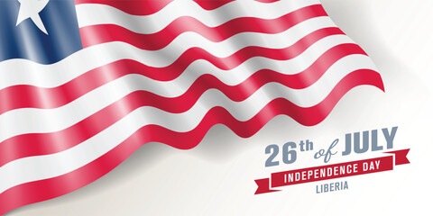 Liberia independence day vector banner, greeting card. Liberian wavy flag in 26th of July national patriotic holiday horizontal design