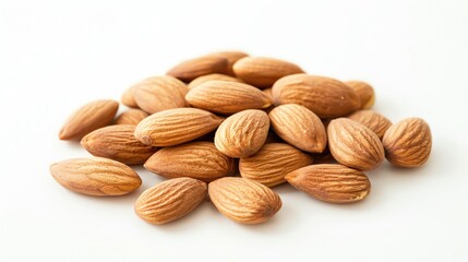 A pile of raw almonds on a white background. Perfect for illustrating concepts about healthy eating, nutrition, and vegan food choices.