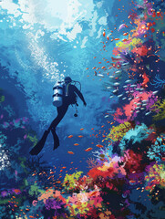 Dive into a Colorful Underwater World - A diver explores a vibrant coral reef teeming with fish, captured in a colorful, dreamlike illustration.