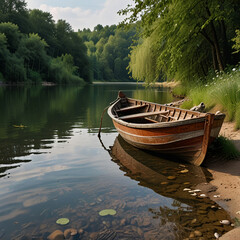 Wooden Boat on the bank of a clean river