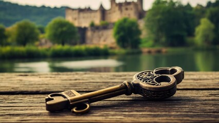 A vintage key rests on a wooden plank with a majestic castle in the background, evoking a sense of mystery, adventure, and historical exploration.