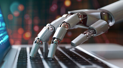 Robot hands point to laptop button advisor chatbot robotic artificial intelligence concept. --
