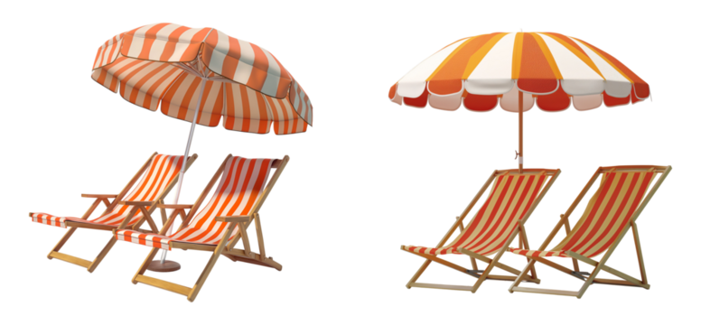 double sun umbrella beach chairs with the red and white strips isolated on transparent background
