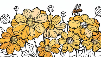 Close up colorful yellow flowers with a bee collecting honey, Generative AI.