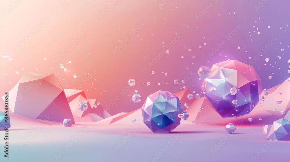 Wall mural abstract 3d polygonal landscape with bubbles - a colorful, abstract background with 3d polygonal sha