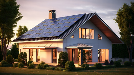 House with solar panels on the roof. Sustainable and clean energy at home.
