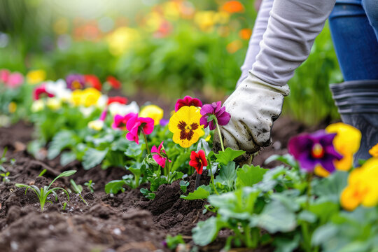 Fototapeta a person is planting flowers in a garden with a flower