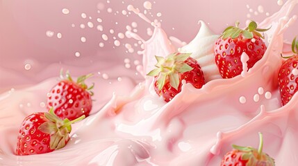 A strawberry in a milk splash on an isolated pink background