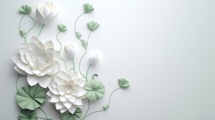  lotus flower paper cut style on a white background with copy space area with lotus flowers, leaves and vines