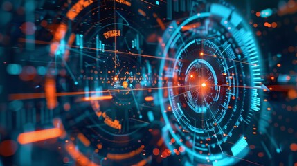 Abstract Digital Interface with Glowing Circles and Lines - A futuristic abstract digital interface with glowing circles and lines in blue and orange.