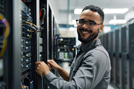 IT technician with confident smile working with hardwar