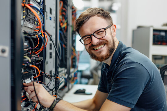 IT technician with confident smile working with hardwar