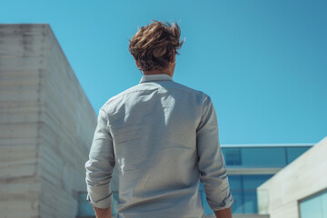 Fototapeta premium a man stands in front of a building with a sky background