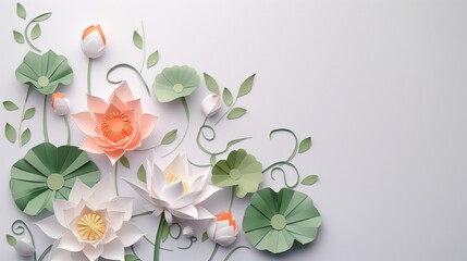  lotus flower paper cut style on a white background with copy space area with lotus flowers, leaves and vines