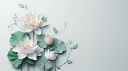 Obraz premium lotus flower paper cut style on a white background with copy space area with lotus flowers, leaves and vines
