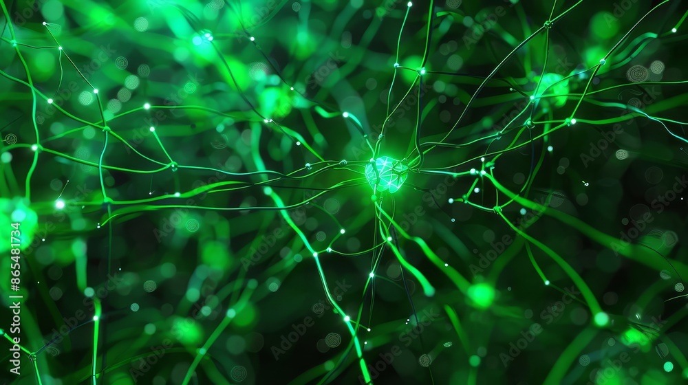 Wall mural Abstract Neural Network Visualization - A digital illustration depicting a neural network with glowing green lines and nodes on a dark background.