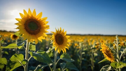 Fototapeta premium Vibrant sunflowers blooming in a sunny field under a clear blue sky, perfect for themes of nature, summer, agriculture, and rural serenity.