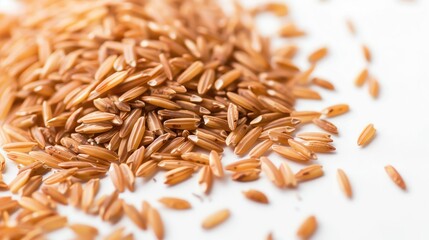 Obraz premium Close-up of a pile of brown rice grains on a white surface, showcasing texture and detail.